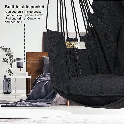 Miniatura 4 de Silla de hamaca colgante con cuerda, silla colgante de lona gruesa que incluye 2 cojines de asiento, máximo 500 libras, hamaca columpio con barra de