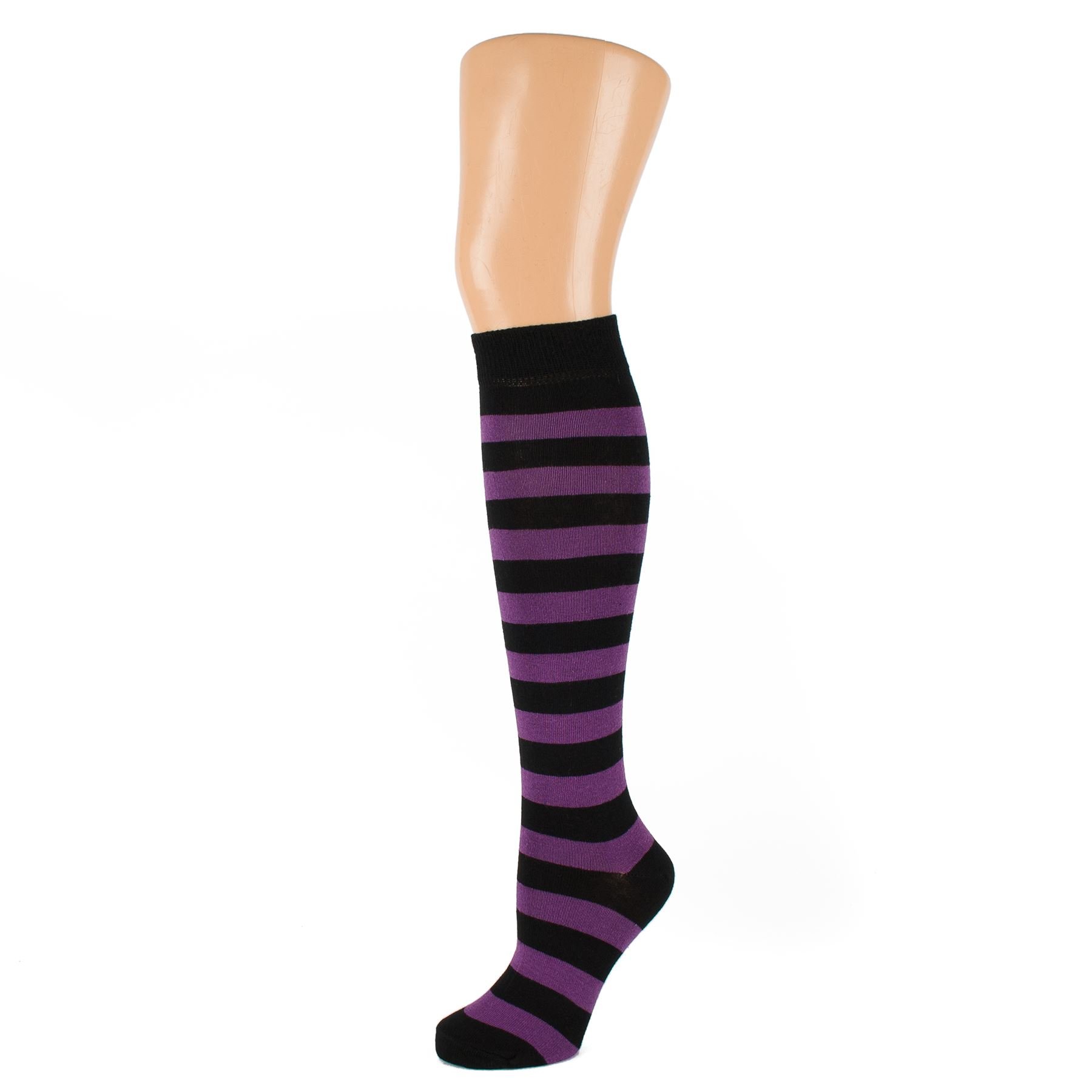 Macahel Ladies Striped Stripey Knee high socks Size 4-8 (Black & Purple)