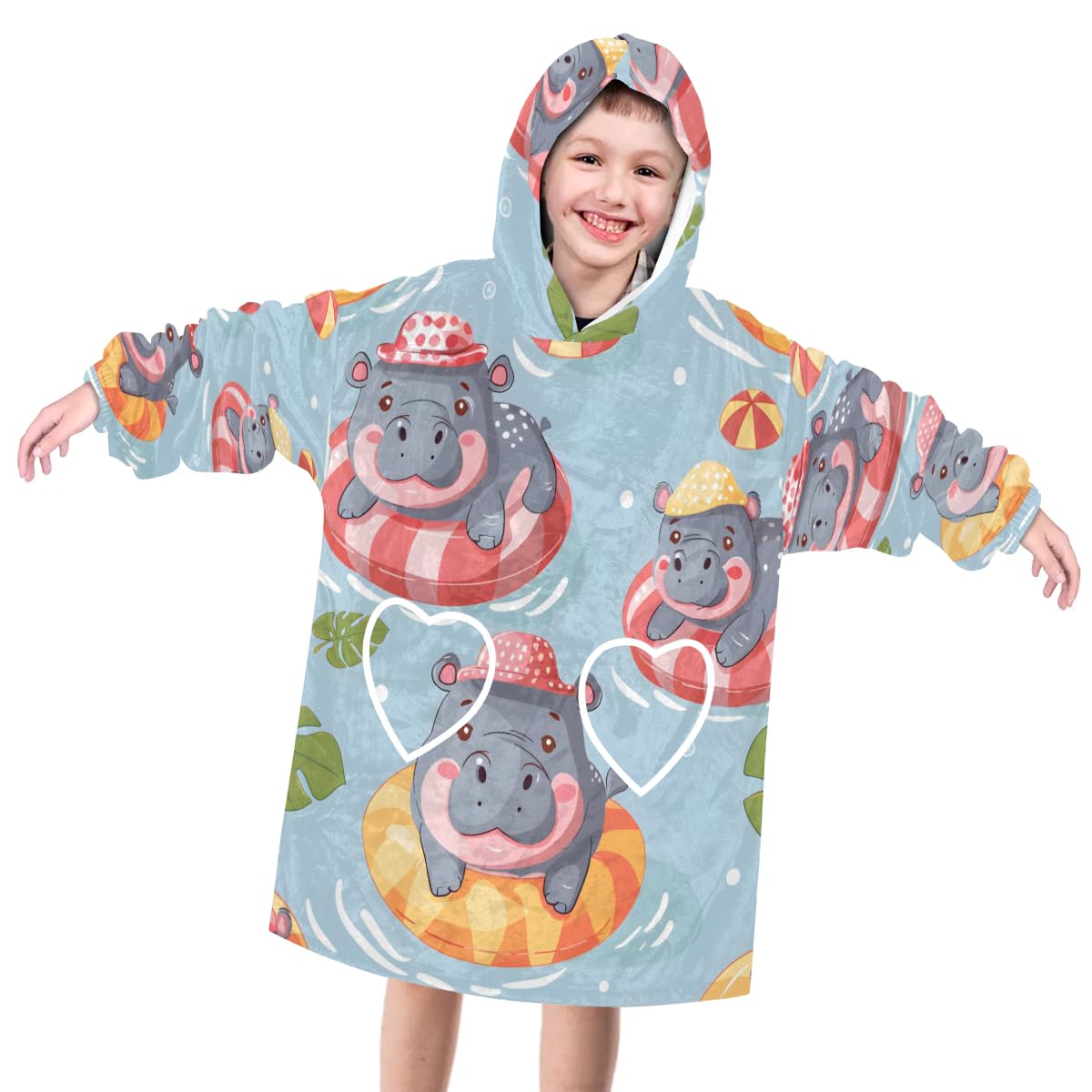 Pardick Wearable Blanket Hoodie for Kids, Cute Hippopotamus Fleece Sweatshirt Blanket Oversized Blanket Sweatshirt with Pocket Flannel Warm Hooded Blanket 6-10 Year Old Girl Boy Gift, One Size