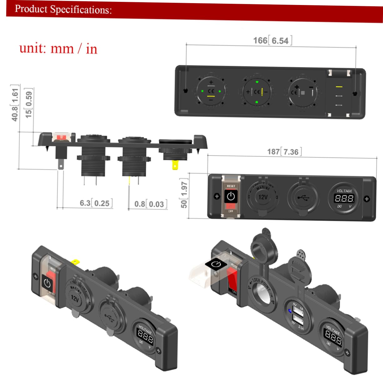 Dual USB Car Charger Socket with Circuit Breaker Cover Off Rocker Switch for Automotive Panel LED Voltage Display Use for Vehicles Suvs Boats