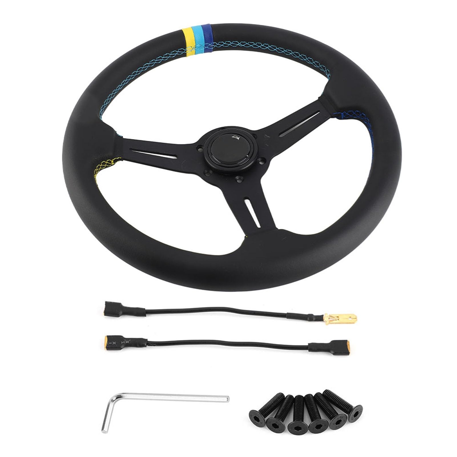 Volante da Corsa in Pelle Nera 350 mm (14 Pollici) - Design Universale a 6 Bulloni con Pulsante Clacson