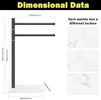 Standing Hand Towel Holder, Hand Towel Stand with Marble Base, 304 Stainless Steel Towel Rack with 2 Swivel Arm, Countertop Stand Towel Ring Towel Bar for Bathroom (Matte Black,Round)