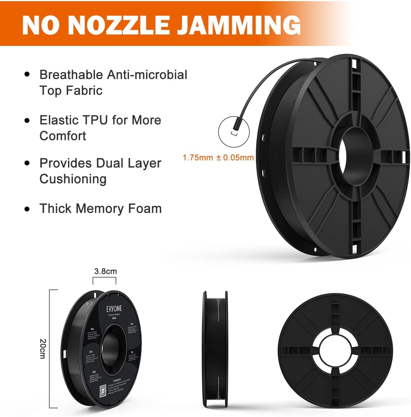 ERYONE TPU Filament 1.75mm for 3D Printer, +/-0.05mm, 0.5kg (1.1 LBS) / Spool, Black