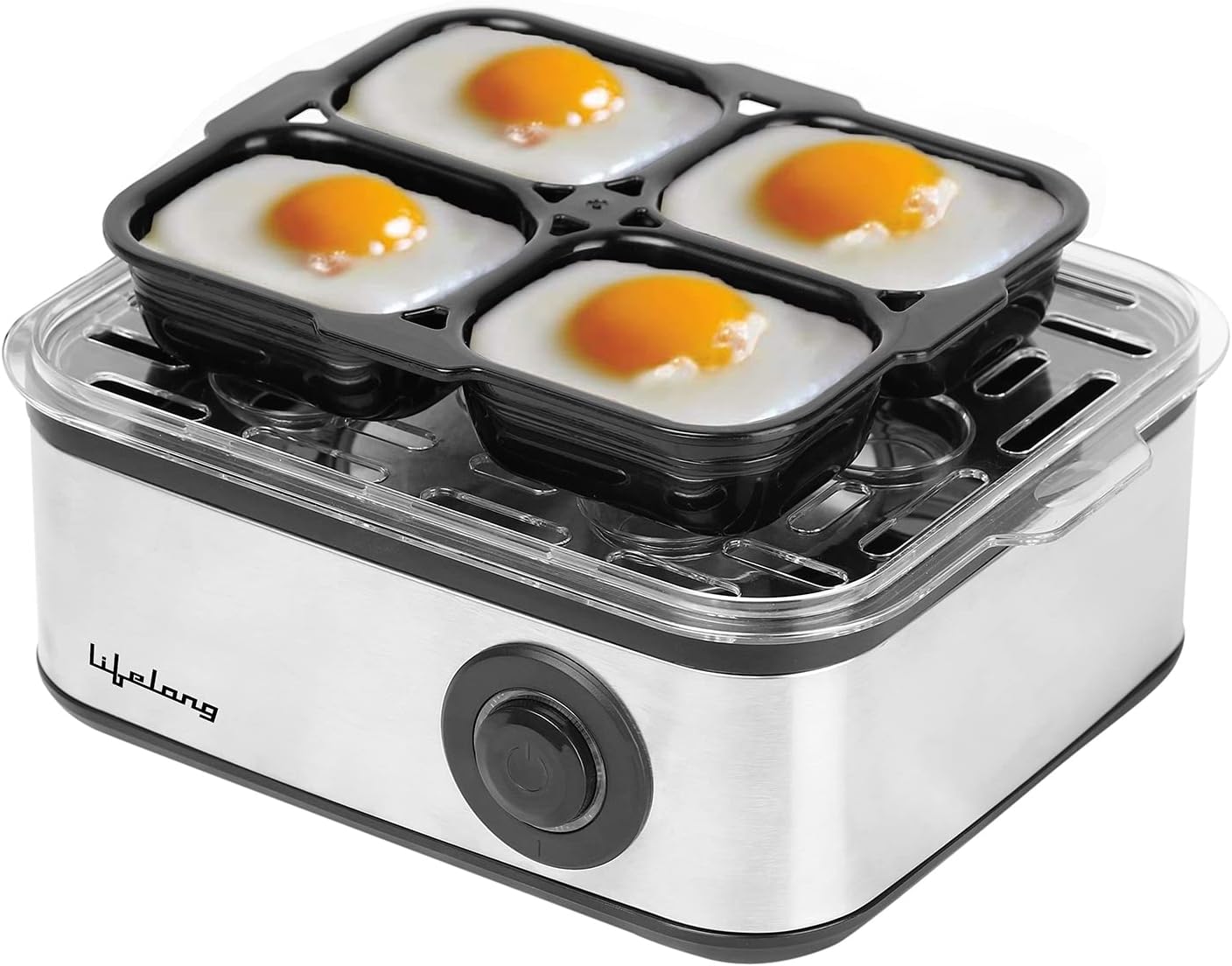 Lifelong 2-in1 Egg Boiler and Poacher 500-Watt (Transparent and Silver Grey), Boil 8 eggs, Poach 4 eggs, Easy to clean