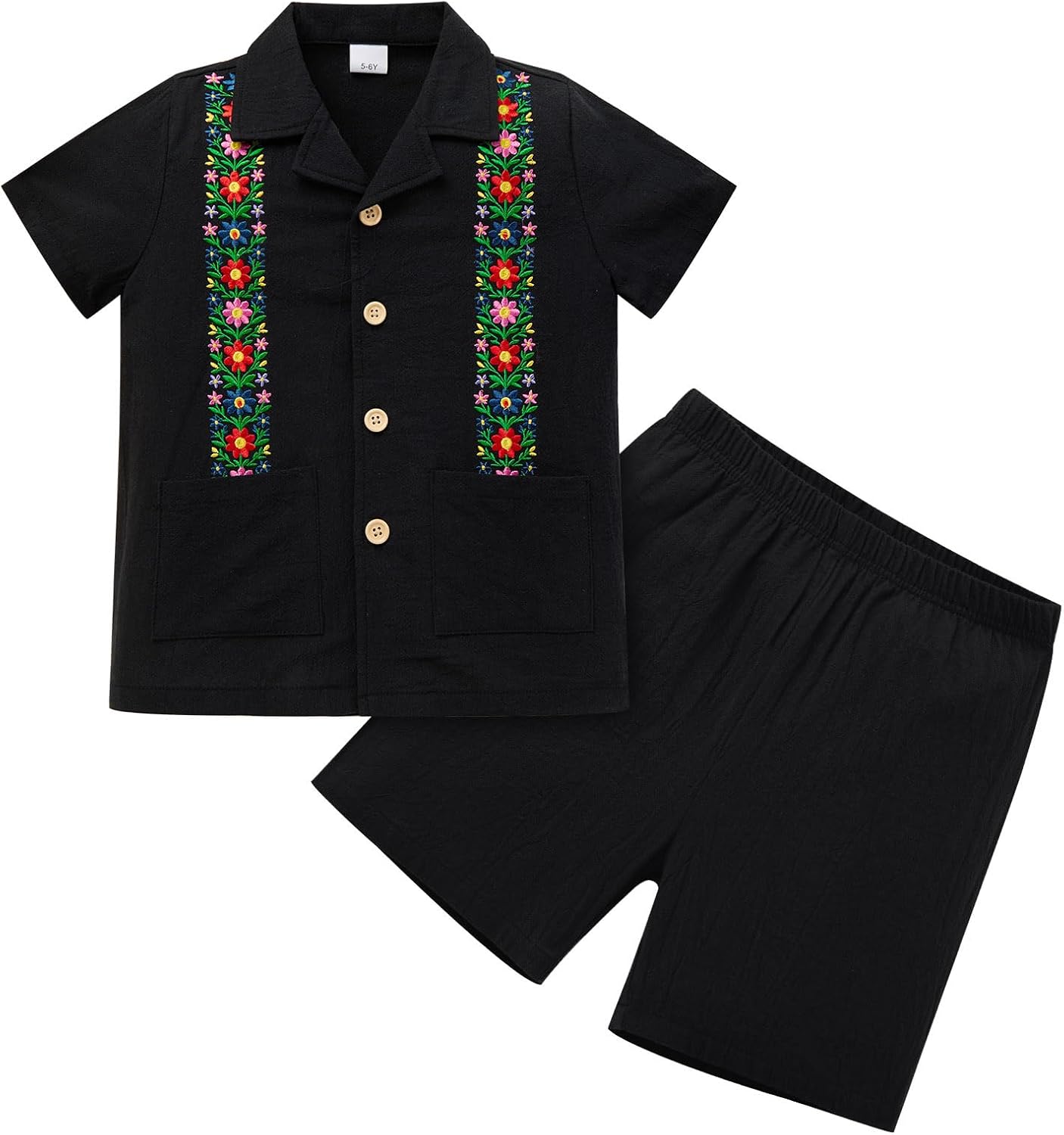 FYMNSI Boys Mexican Traditional Floral Embroidery Short Sleeve Shirt and Shorts Set 2 Piece Summer Folkloric Outfit 2-7T