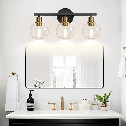 Miniatura 66 de Lámparas de baño de 4 luces actualizadas 2024, modernas luces doradas de tocador sobre espejo con pantalla de globo de vidrio transparente, apliques