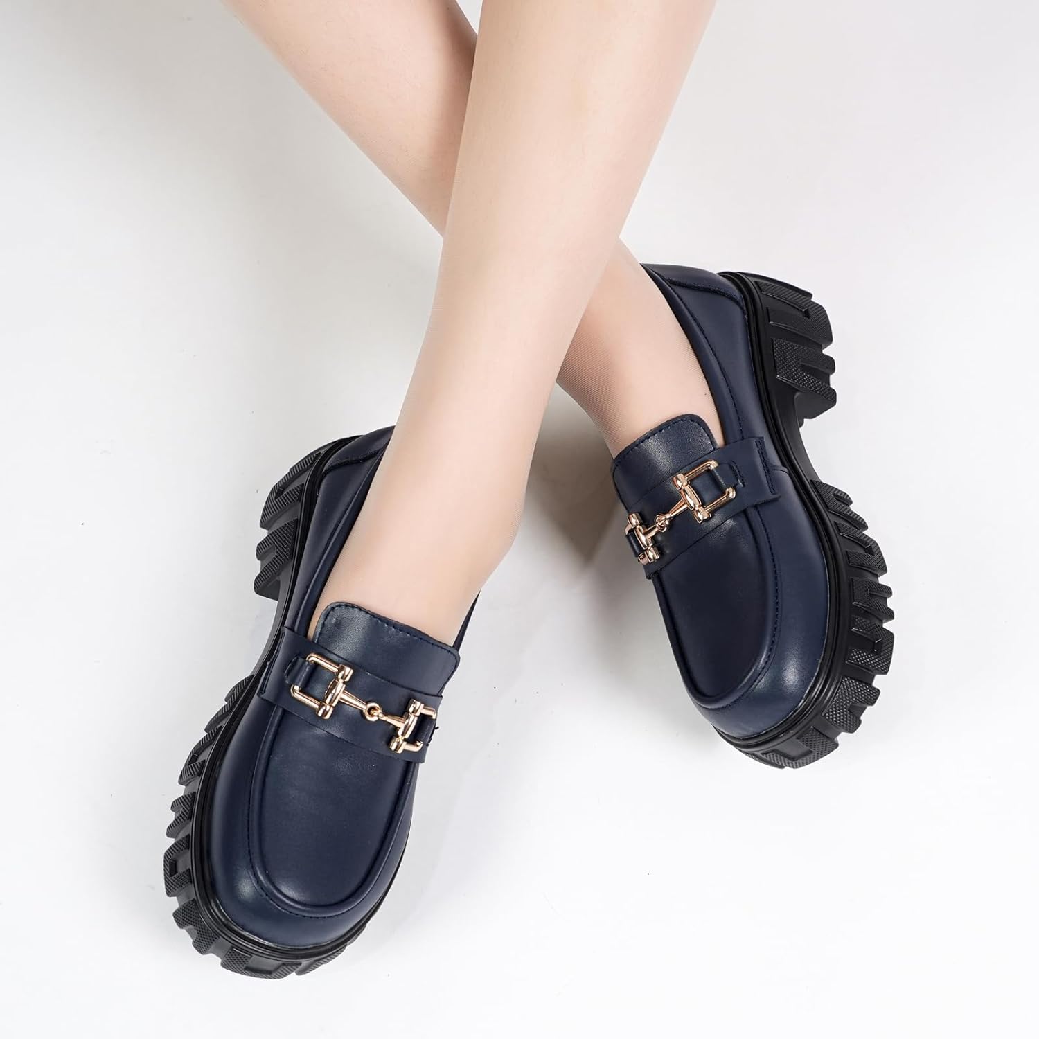 Maichal Platform Loafers for Women Slip On Chunky Heel Lug Sole Shoes Business Work Dressy Loafers with Chain - Image 2