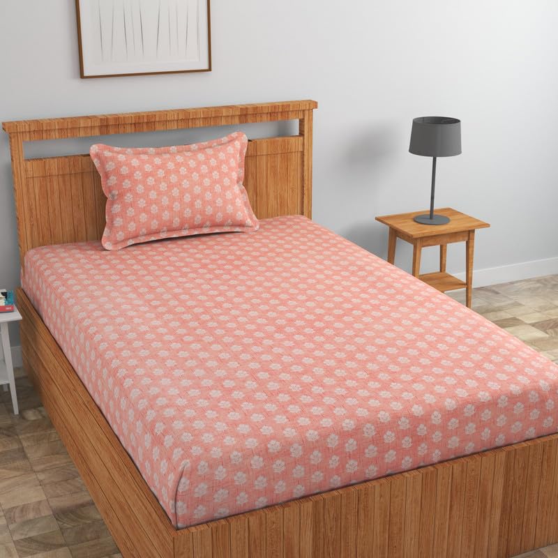 Image of NEW LEAF Pure Cotton 220 tc Flat Single Bedsheets for Summer Breathable | Wrinklefree | Super Soft (Size-60 X 90 Inch) with 1 Pillow Covers (Size-17 X 27 Inches, Floral, Pink