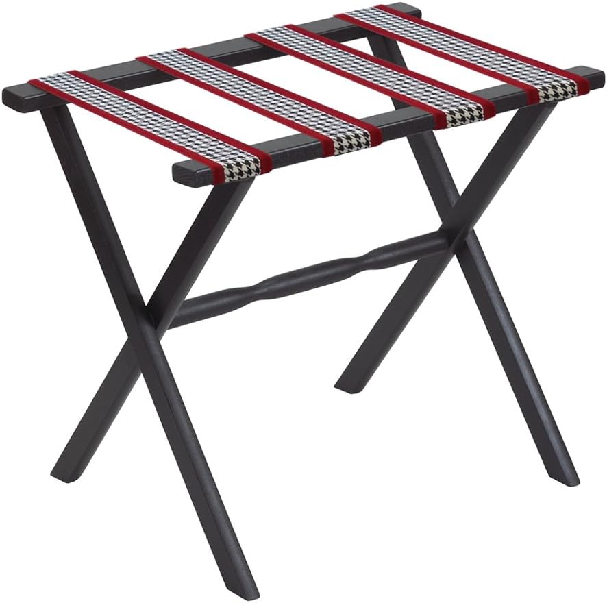 Straight Leg Designer Series Wood Luggage Rack, Black/Red/Houndstooth