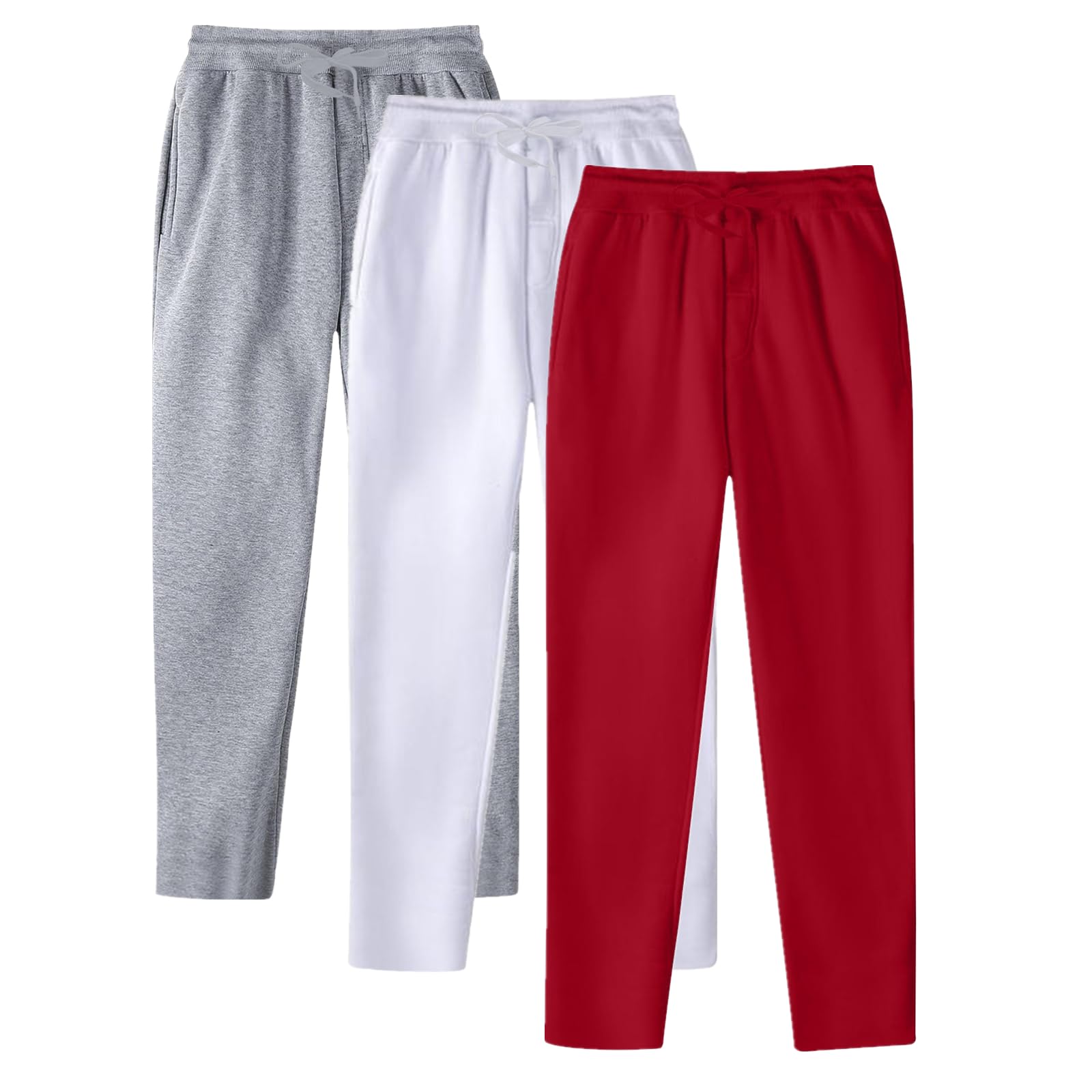 BFYSFBAIG Joggers for Men UK 3-Pack, Elastic Waist Tracksuit Bottoms Open Hem Wide Leg Trousers with Drawstring, Jogging, Working, Gym & Lounge (Grey+White+Brick Red,L)