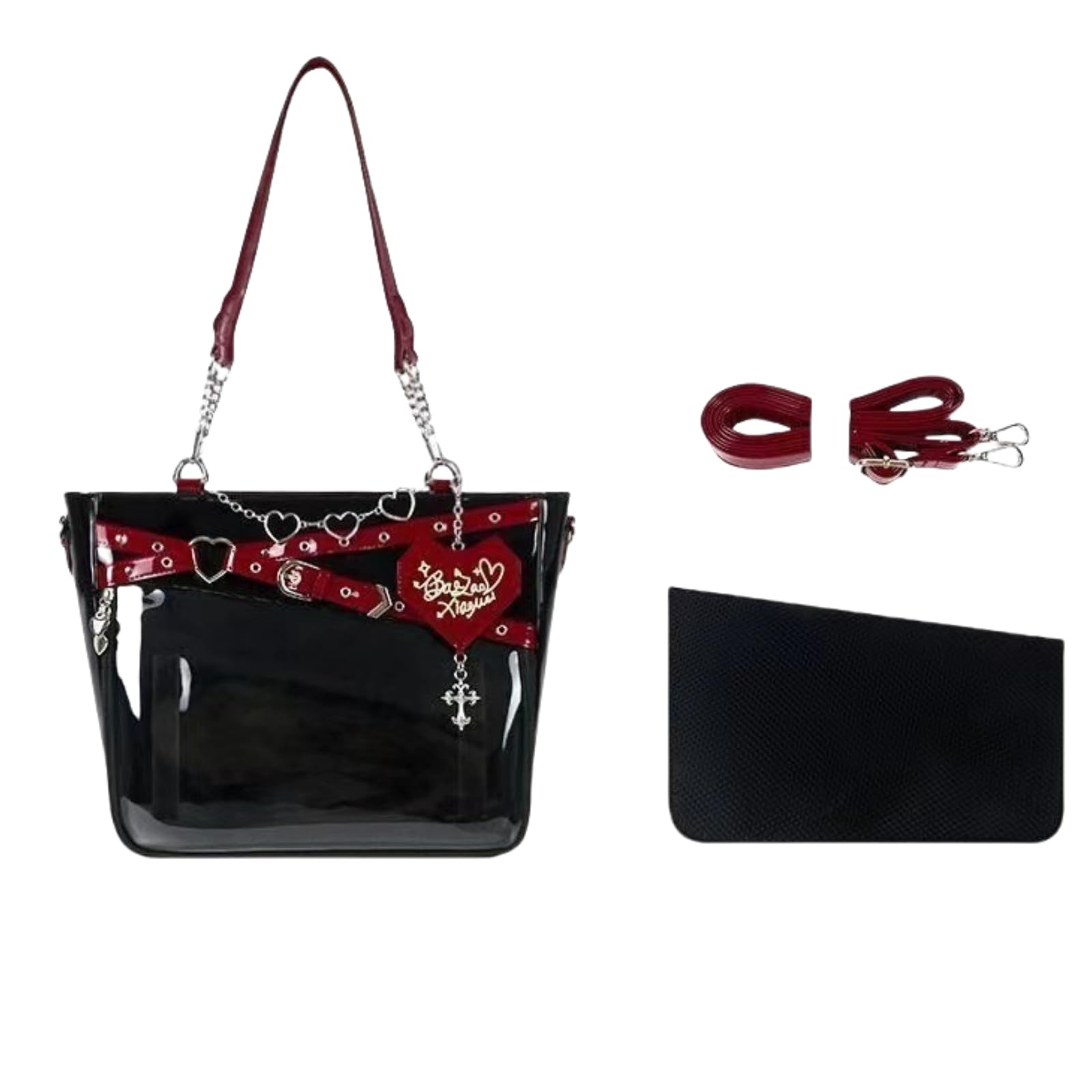 Vobomo Love-Chains Ita Bag Pins Display Single Shoulder Crossbody Bag PU Leather Big Capacity Handbag Chain Clear Purse with Insert (Red)