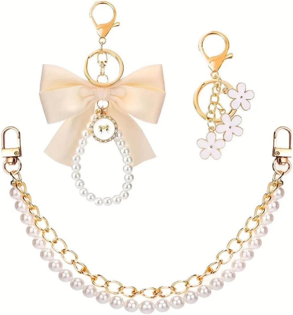 3 Pcs Beige Purse Chain Bag Charms,Bow & Flower Keychain with Pearl Chain Handmade for Women Crossbody Handbags Purses Keychain Making Accessories