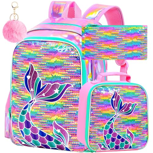 Image of 3Pcs Mermaid Girls Backpack, 16 inch Sequin Fish Tail Bookbag Set for Kids, Elementary Preschool Preschool School Backpacks with Lunch Box (Rainbow)