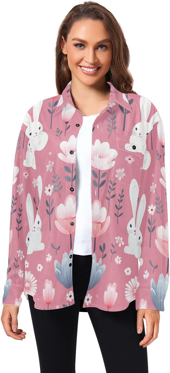 Cartoon Cute White Rabbit Woolen Cord Fabric Mens Rugby Shirts Long Sleeve for Women Travel with Pockets