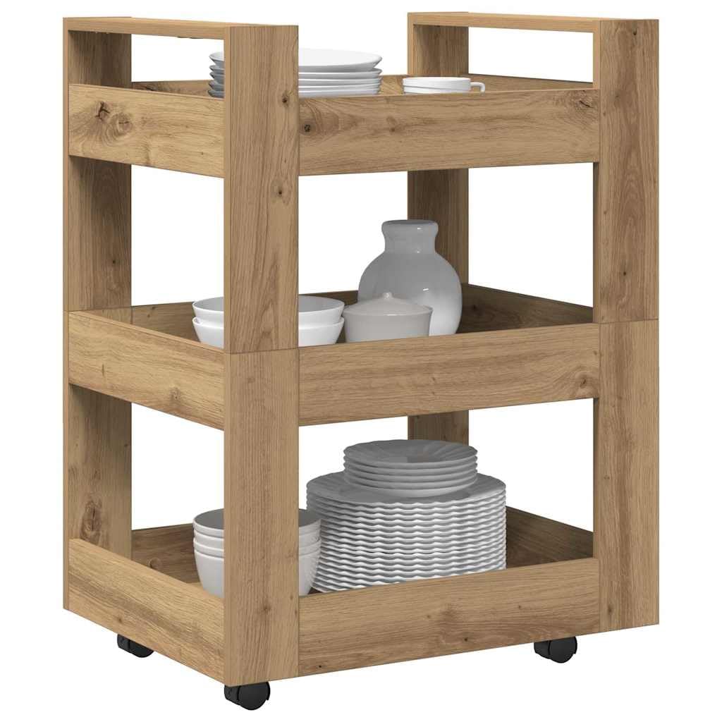 Carrito de cocina de roble Artisan, 60 x 45 x 80 cm, de madera con 4 ruedas, carrito de cocina móvil, carrito de servicio y estantería, ahorra espacio, ideal como isla de cocina