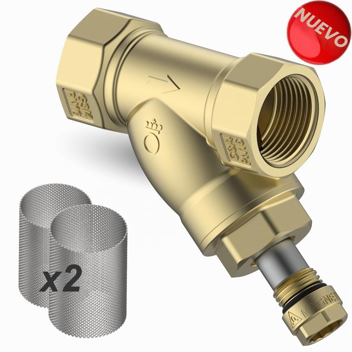 FERDOM FD432 FAST Filtro Y Magnético 3/4" Para Calefacción Central, Bombas De Calor Y Agua. Con Filtro De Suciedad. Cuerpo De Latón. Imán 6000Gs, Malla 500μm. Malla Extra !!! Montaje simple.