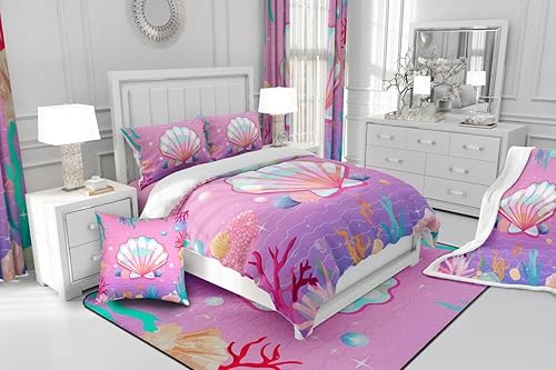 Miniatura 4 de Juego de ropa de cama de concha de perla, funda de edredón de medusa de estrella de mar para niñas, mujeres y niños, funda de edredón colorida de