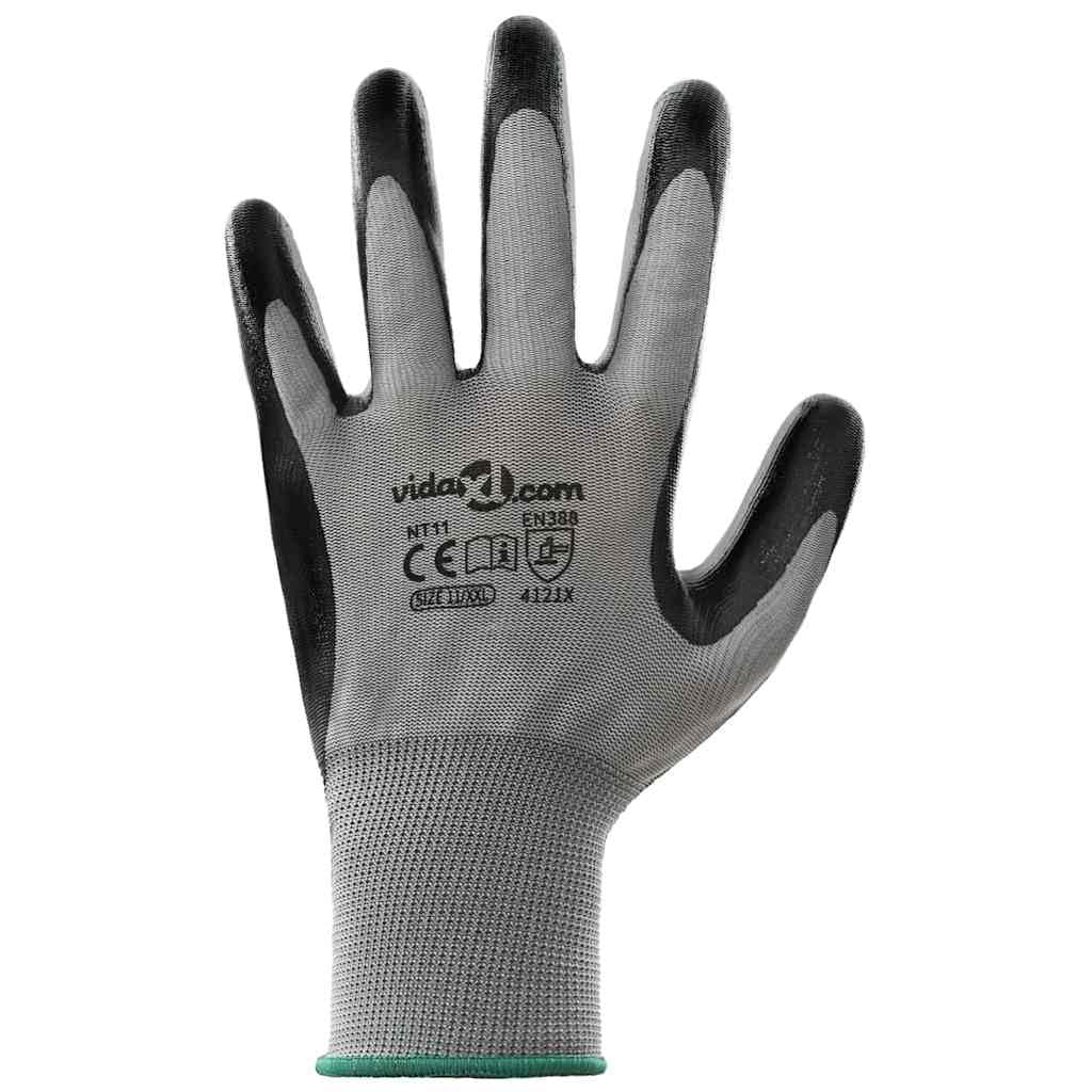 Lot de 24 gants de travail en polyester gris et noir 11/XXL pour l'intérieur et l'extérieur