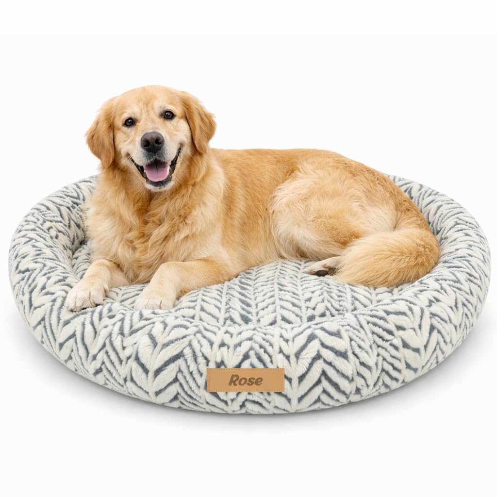 Donut Hundebett mit Namen Anti Stress Rund, Beruhigendes Hundekissen für Kleine und Große Hunde, Weiches Kuschelbett mit Erhöhtem Rand, Waschbar & rutschfest (Grau, XXL)