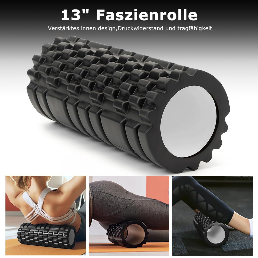 Faszienrolle, Qveetry 6 in 1 Foam Roller Faszienrolle Sets mit Massageroller Stab, Widerstandsbänder Krafttraining, Massageball, Fitnessbänder, 33cm Schaumstoffrolle für Yoga Pilates Sport