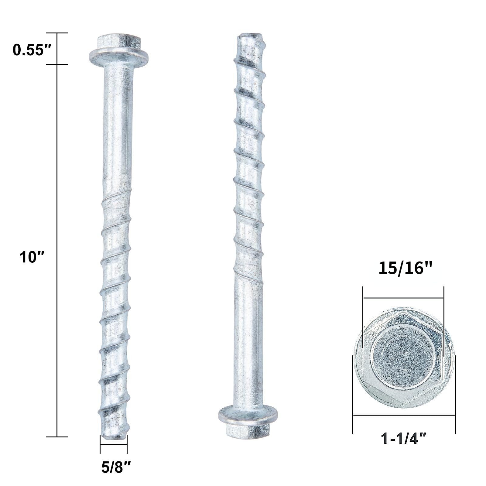 Tornillos de hormigón de 5/8 x 10 pulgadas (10 piezas) pernos de anclaje de hormigón, chapados en zinc