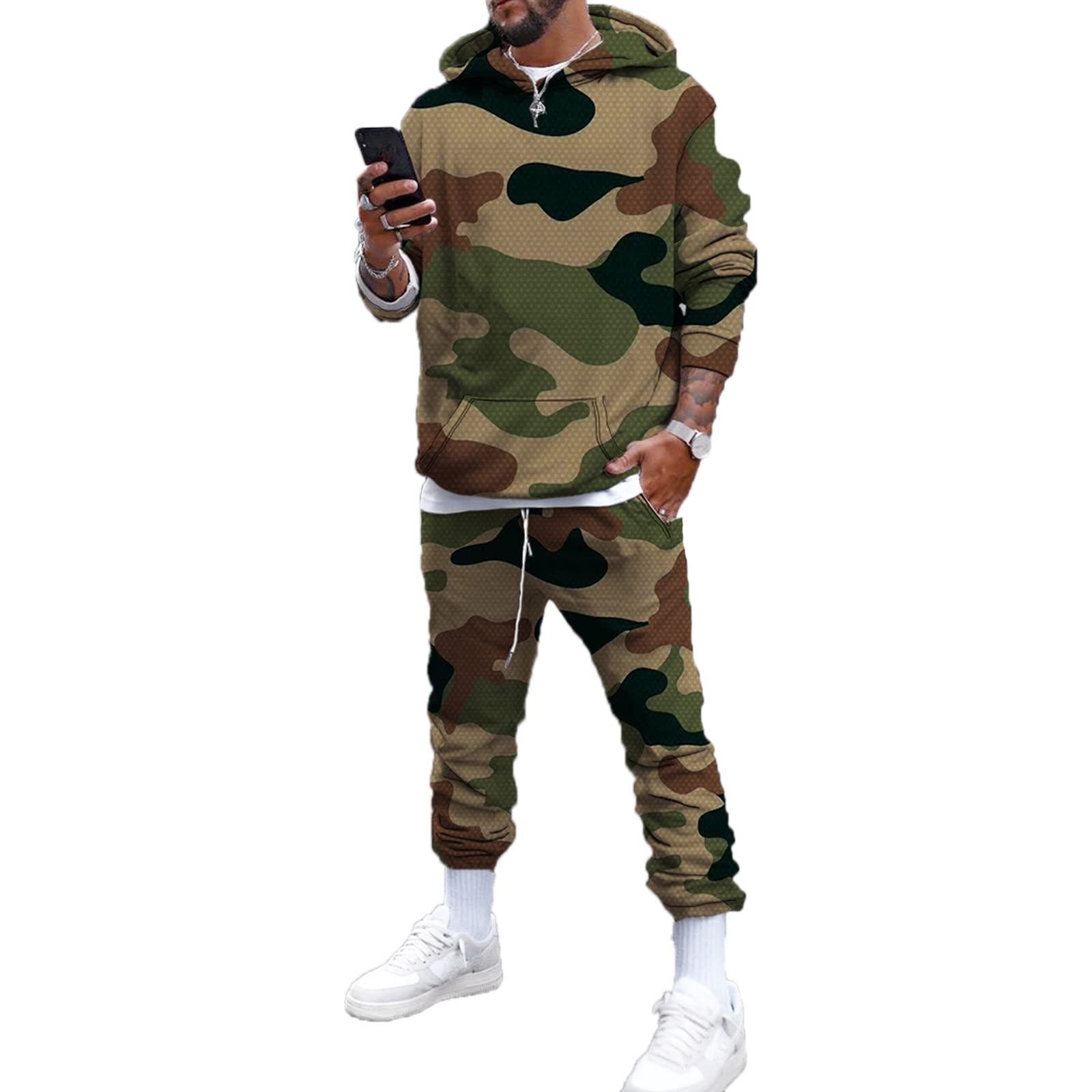 Tuta da Uomo in Due Pezzi Set con Cappuccio e Pantaloni da Jogging Stampati mimetici in 3D Set di Abbigliamento Sportivo con Cappuccio Casual