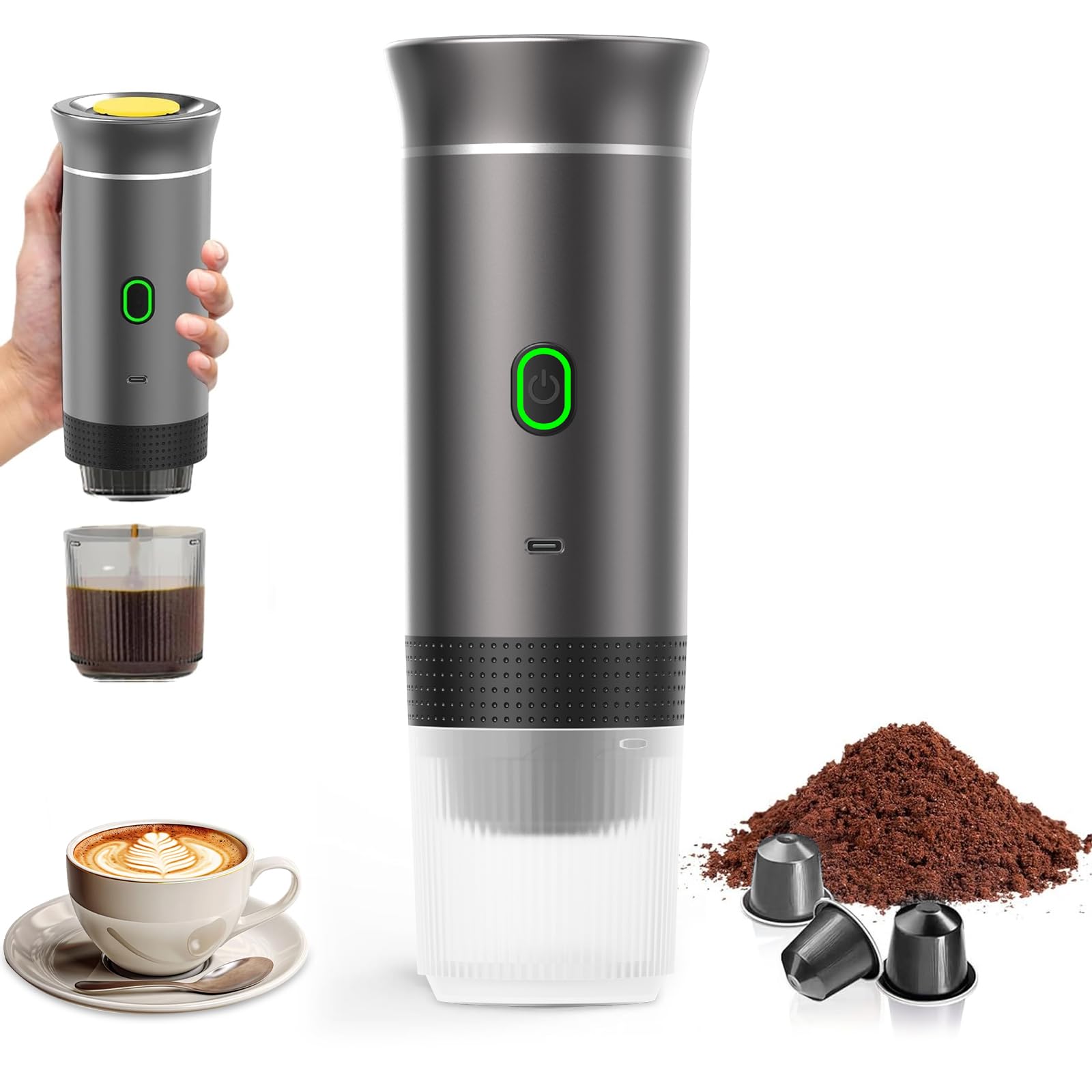 Portable Coffee and Espresso Maker - 3-in-1 Wireless Electric Self Heating Machine for Capsules Pods, Car Home Office Camping Travel (Metallic Gray)
