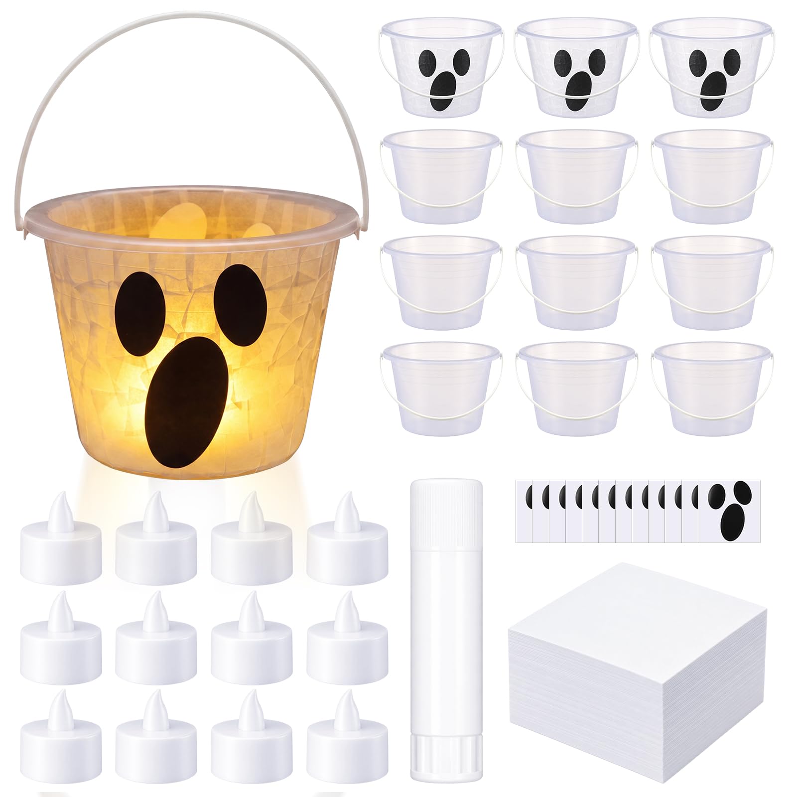 Simgoing Lot de 12 paniers à bonbons fantômes d'Halloween avec bougie LED pour faire votre propre panier à bonbons fantôme pour Halloween