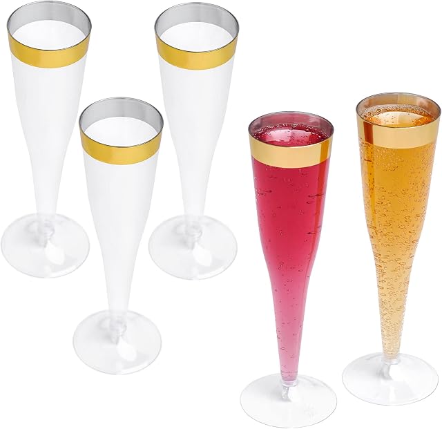 STACKABLES ~ 24 Pack Champagne Flute Glasses ~ 6oz 2pc Clear Glass with Gold Rim ~ Elegant Party Flutes for Catering Weddings Parties Bars & Family Reunions