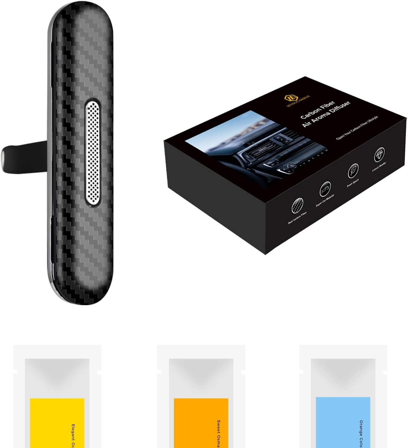 MONOCARBONCarbon Fiber Car Scents Diffuser Vent Clip,Car Mini Essential Oil Diffuser with 3 Scented Wood Sticks(1 Marine,1 Cologne,1 Osmanthus),Long Lasting Automotive Vent Aromatherapy Diffuser