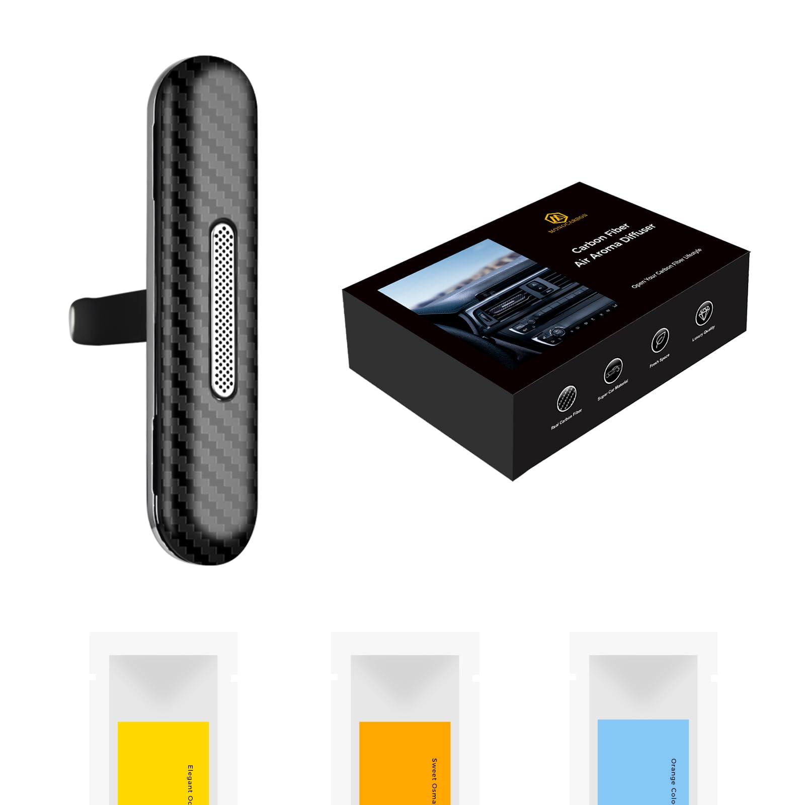 MONOCARBONCarbon Fiber Car Scents Diffuser Vent Clip,Car Mini Essential Oil Diffuser with 3 Scented Wood Sticks(1 Marine,1 Cologne,1 Osmanthus),Long Lasting Automotive Vent Aromatherapy Diffuser