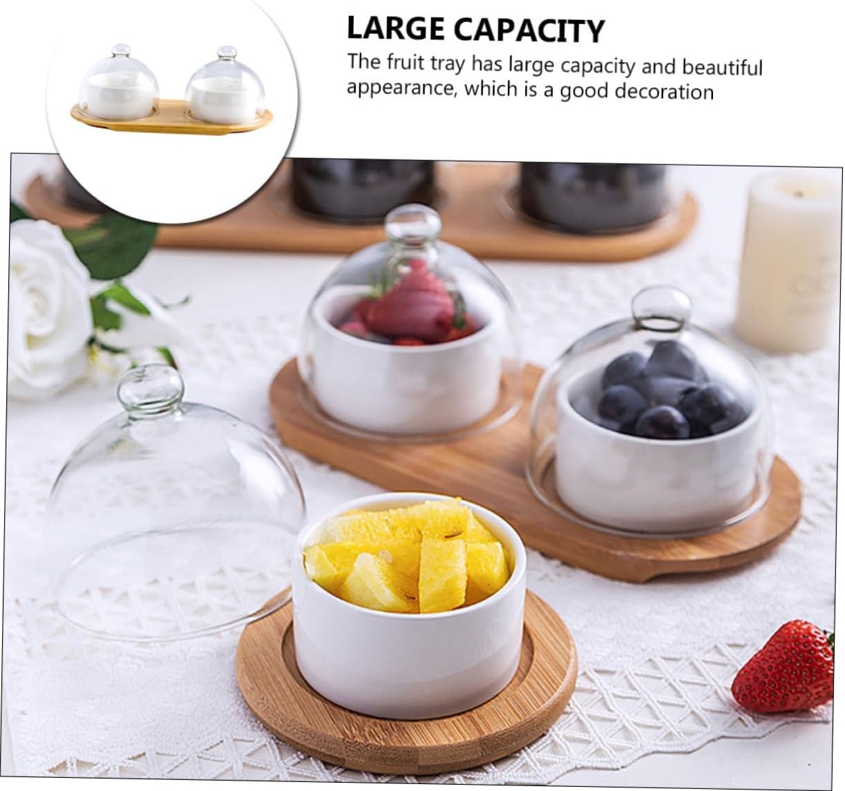 VICASKY Dessert Bowl with Transparent Glass Lid and Tray Porcelain Food Serving Bowl for Salad and Fruit Chic Tableware for Parties and Gifts
