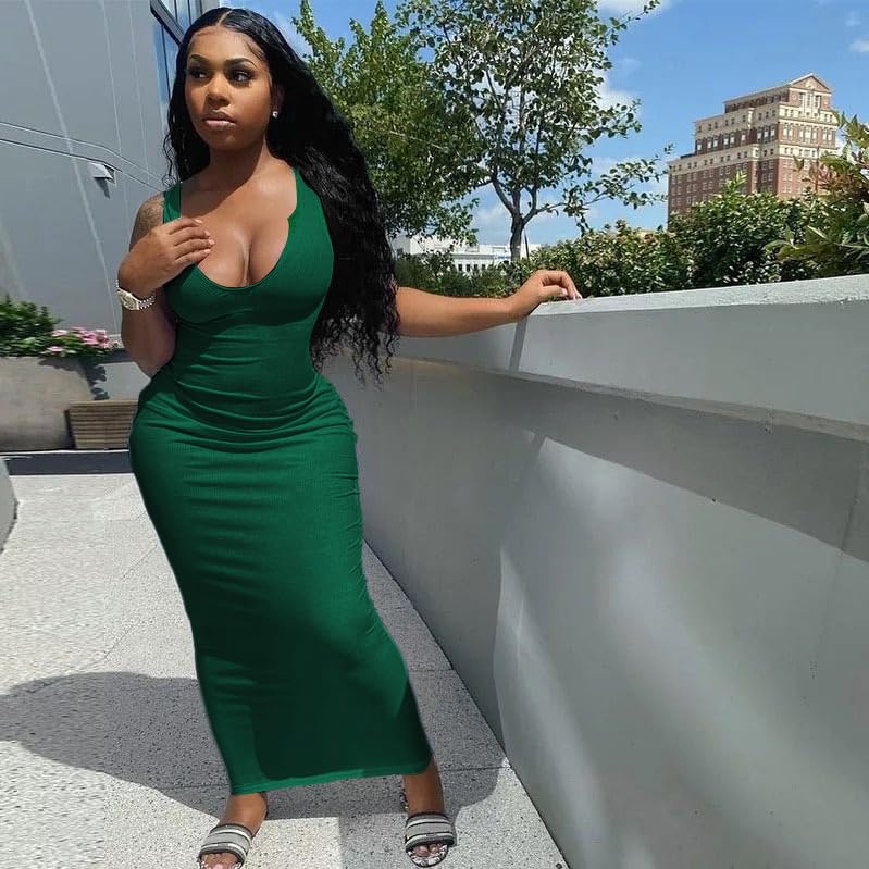 Image of Nimsruc Women Casual Sexy Deep U Neck Tank Top Bodycon Dress Summer Sleeveless Wrap Long Basic Party Club Maxi Dresses