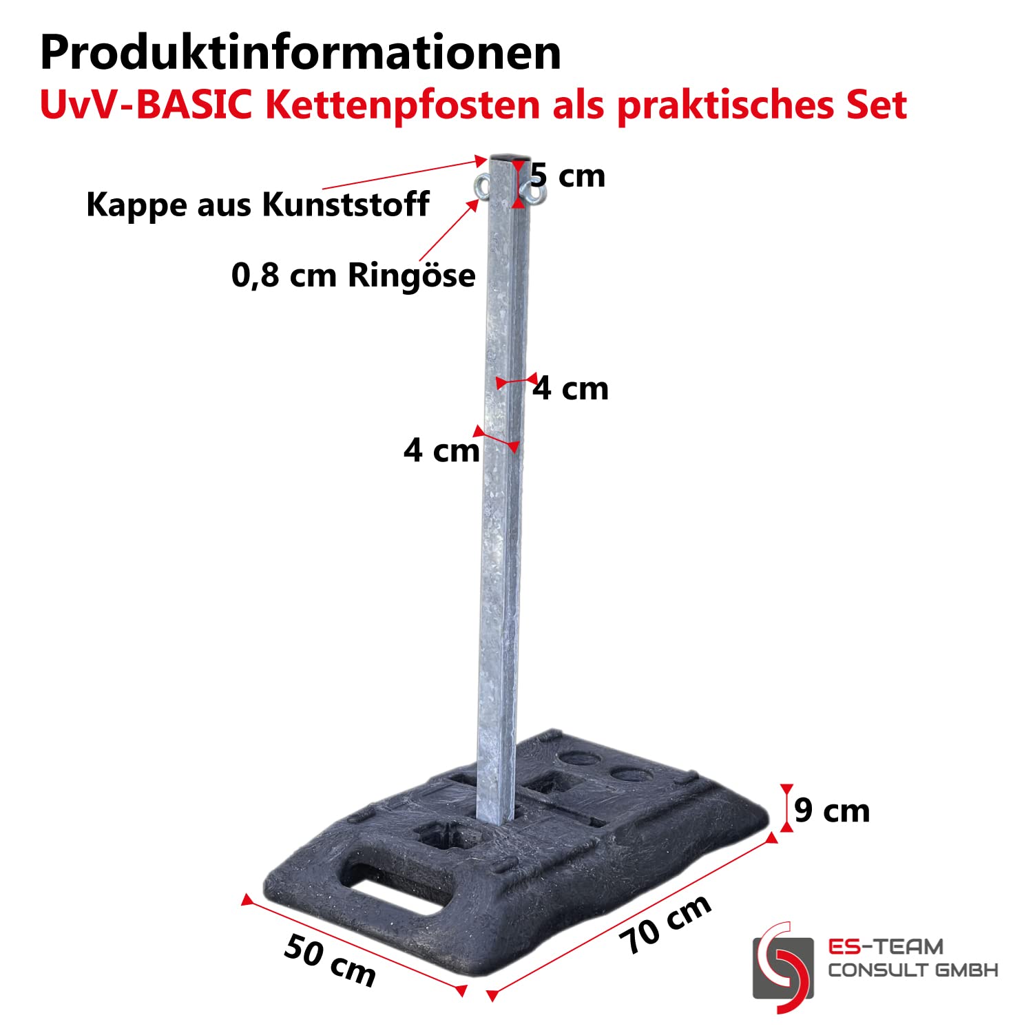 UvV Profi X40 Kettenpfosten Stahl 40 kg Set 4 x 1m x 40/40 Stahlpfosten + 15 kg schwere Fußplatte + 12,5m Absperrkette (Set B 4 Pfosten verzinkt)