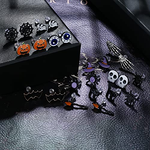 SAILIMUE 12 Pairs Halloween Earrings for Women Pumpkin Spider Ghost Bat black cat Tiny Halloween Stud Earring Set Halloween Theme Party Jewelry4