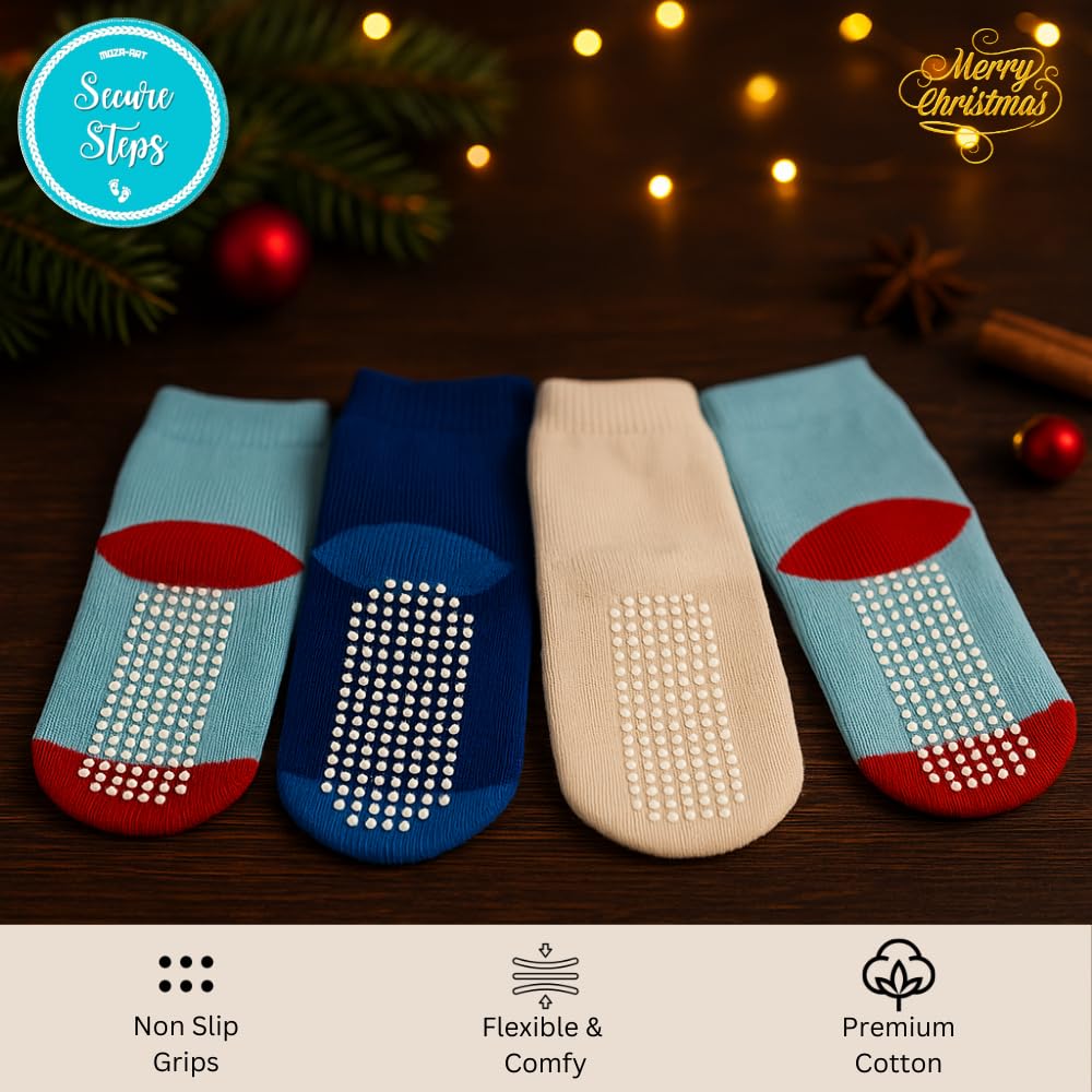 Secure Steps Baby Socks for Kids – Anti Skid Cotton Socks for Baby Girl & Boy | Soft Warm Winter for 3–5 Years | Made in India Toddler Crawling | Premium Festive Children Socks | Pack of 4