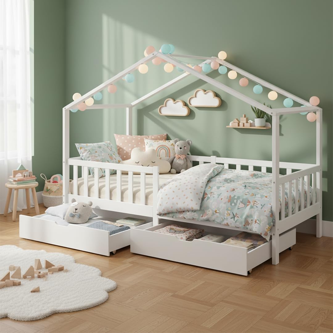 Bellabino Kinderbett Hausbett 80x160 cm – Montessori Bett mit Rausfallschutz, Lattenrost & 2 Schubladen, Weiß