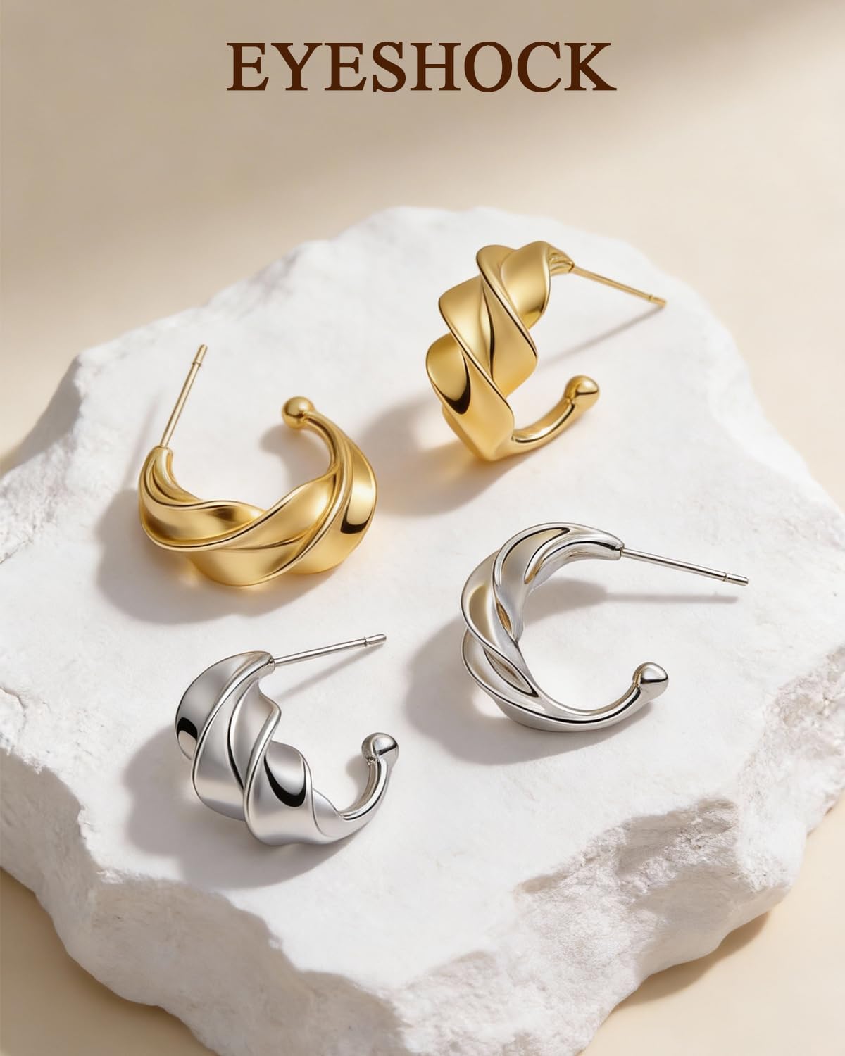 Small Hoop Earrings for Women Wide Half Huggie Hoops Chunky Hoop Earrings 18K Real Gold Plated 925 Sterling Silver Hammered Hypoallergenic Lightweight - Image 6