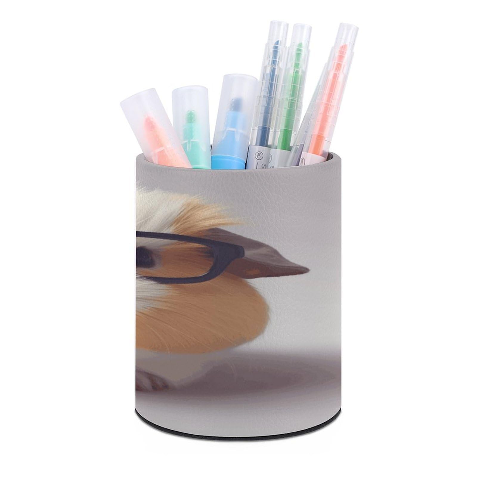 FekiLoot Guinea Pig With Glasses Pen Holder Cup Fashion PU Leather Pencil Cup Minimalist Pen Organizer Round Pencil Holder Stand Work Locker Accessories for Decoration Desk Office Home