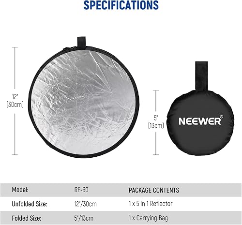 NEEWER 12in/30cm Réflecteur Diffuseur de Lumière 5 en 1 Multi-Disque Pliable avec Sac - Translucide, Argent, Or, Blanc et Noir pour l'Éclairage de Photographie en Studio et l'Éclairage Extérieur - 7