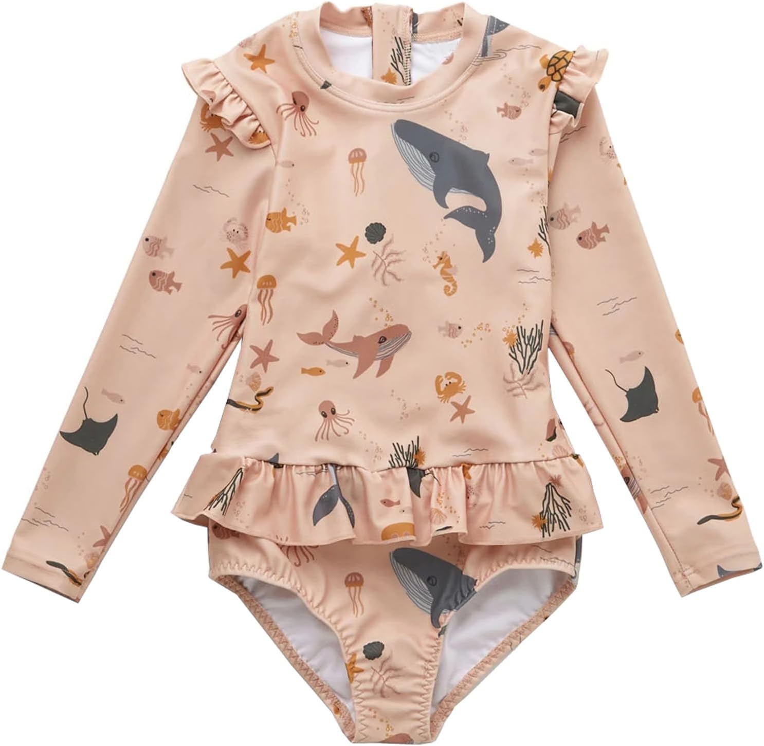 Girls One Piece Swimsuits Zipper Rash Guard Long Sleeve Bathing Suit with Ruffle Hem UPF50+