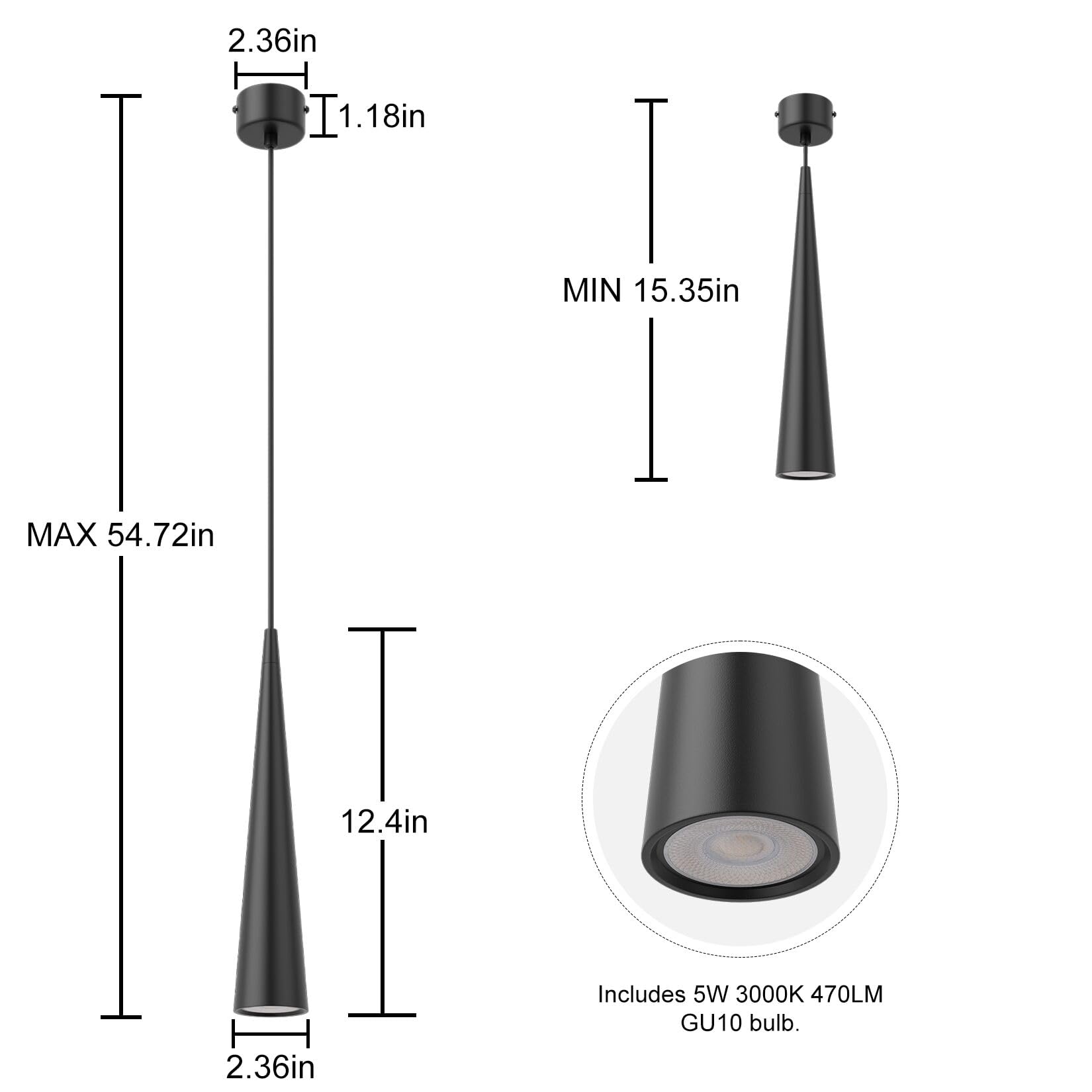 K-Bright 2 pezzi lampada a Sospensione ristorante, 5W Lampadina Gu10, Regolabile In Altezza lampada a sospensione moderna per cucina soggiorno tavolo da letto, luce bianca calda 3000K(Nero)