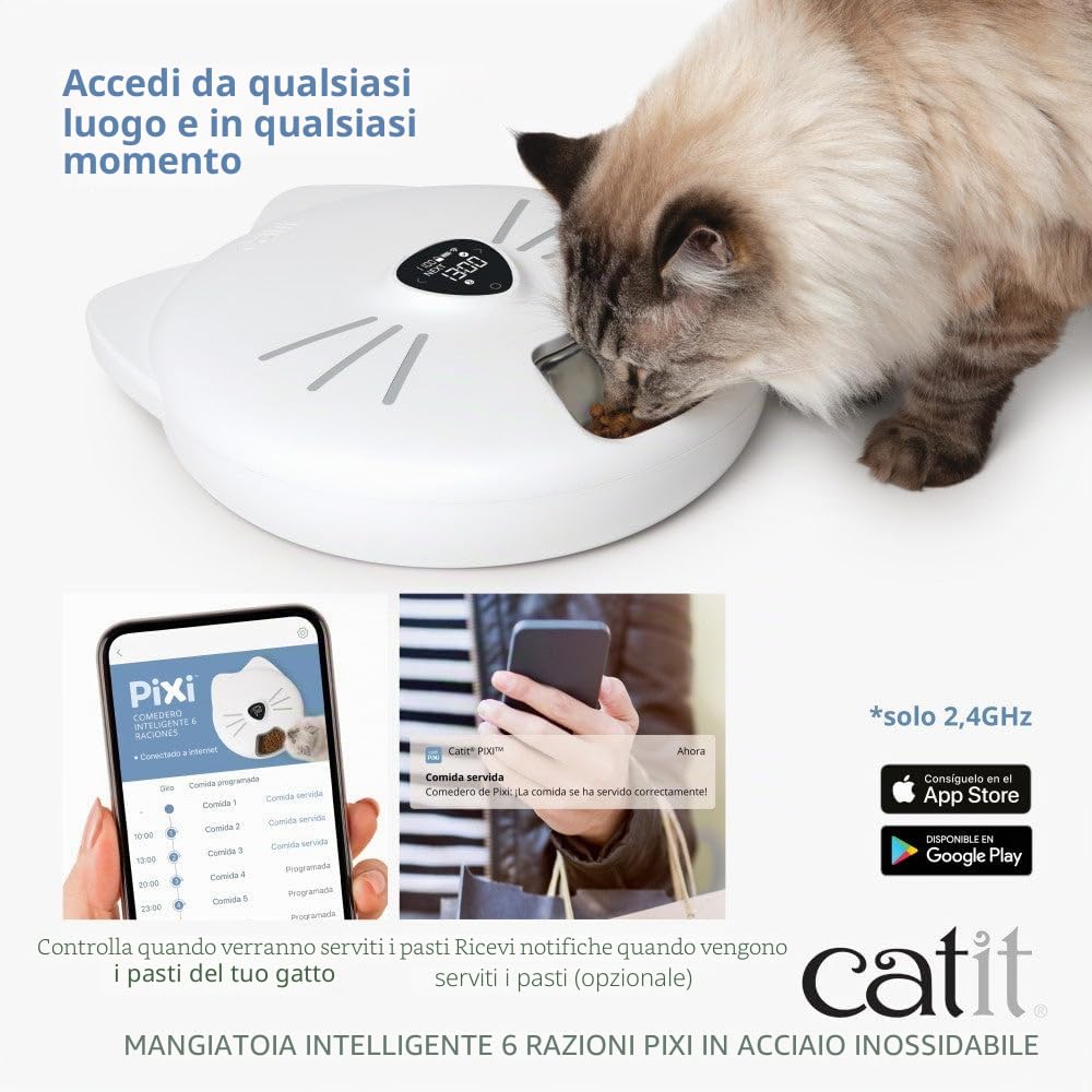 Mangiatoia intelligente 6 porzioni con vassoio in acciaio inox per gatti Catit PIXI
