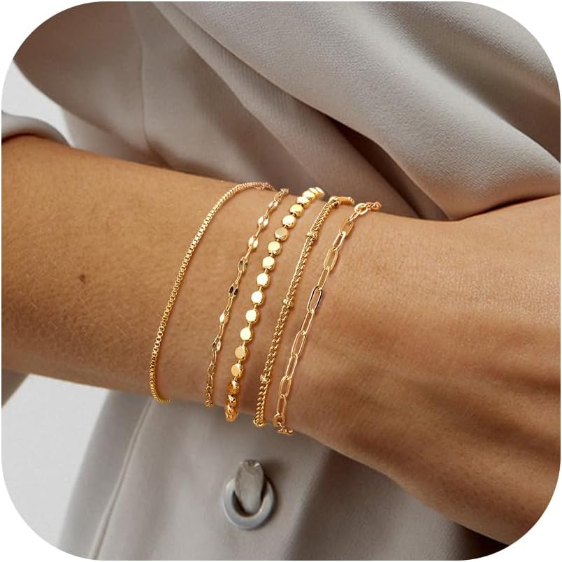 CASSIECA5Pcs Gold Bracelets for Womens Gold Bracelets Set for Women Girls Twist Figaro Herringbone Chain Bracelets Adjustable Link Charm Bracelets Stacking with Jewellery Box