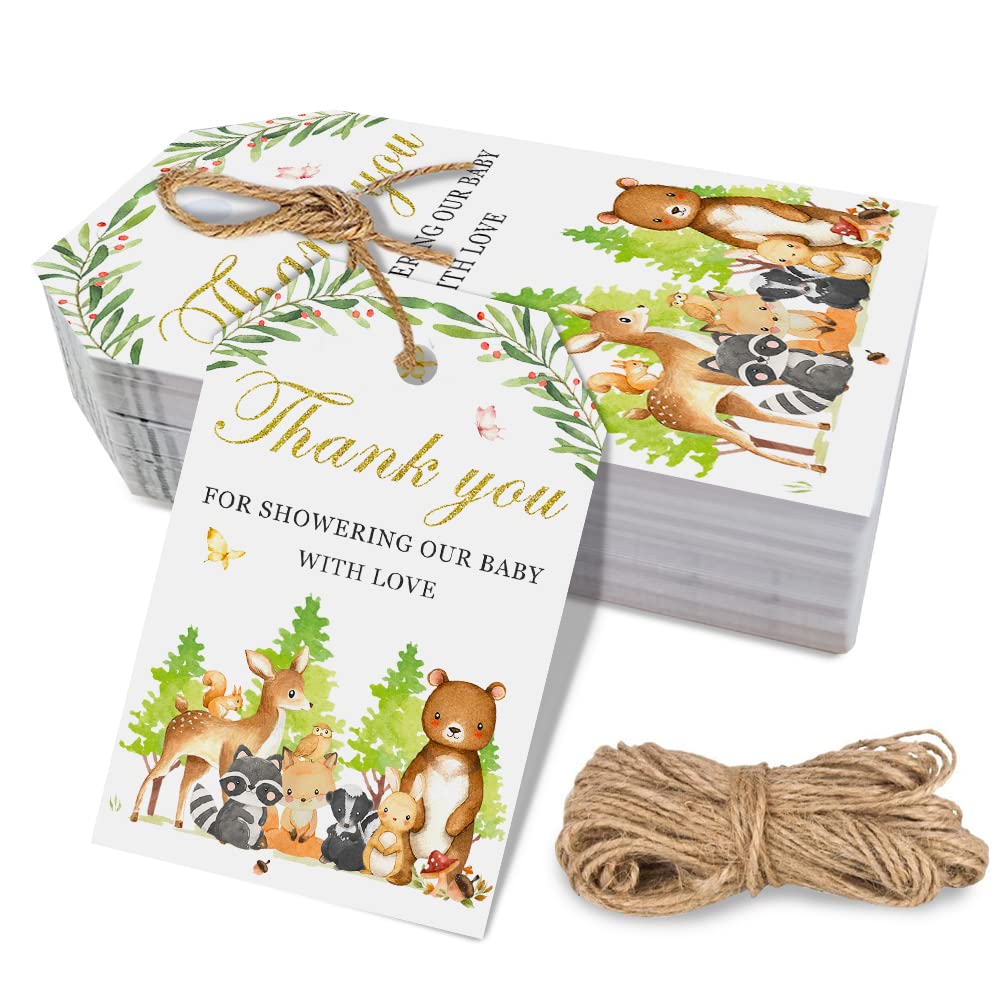 50 Pcs Woodland Animals Thank You Gift Tags, Thank You for Celebrating with Us Tags for Woodland Creature Baby Shower or Birthday Party (White)