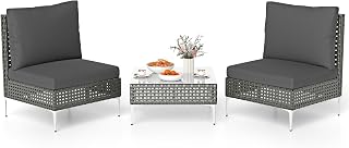 COSTWAY Conjunto Jardin Exterior 3 Piezas de Ratan PE, 2 Sillones con Cojines Lavables y Mesa de Vidrio Templado, Muebles Jardin Terraza Balcon Exterior