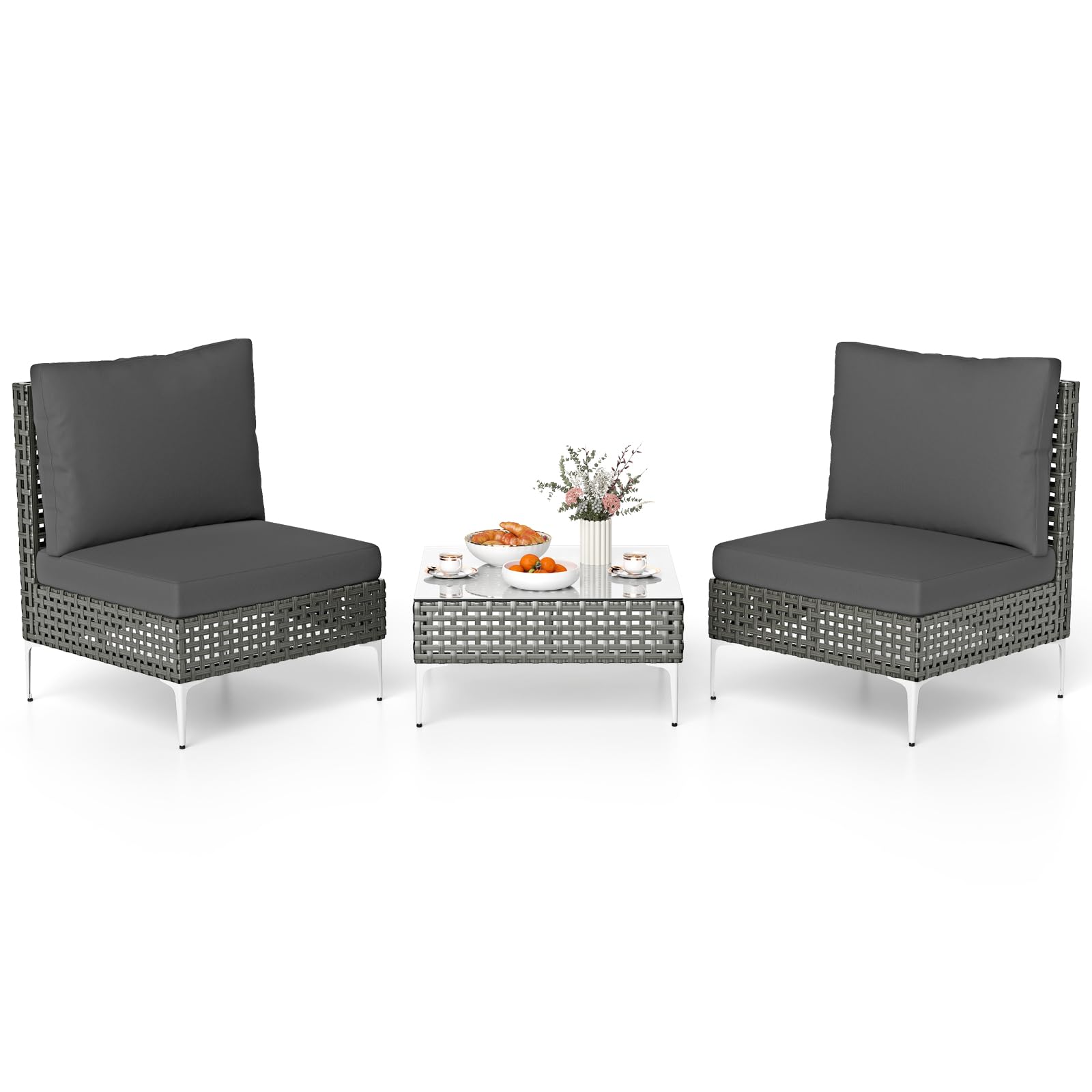 COSTWAY Tavolino e 2 Sedie da Giardino, Set da Conversazione in Rattan con Cuscini e Tavolino in Vetro Temperato, Set da Bistrò per Veranda, Balcone e Cortile (Stile 1)