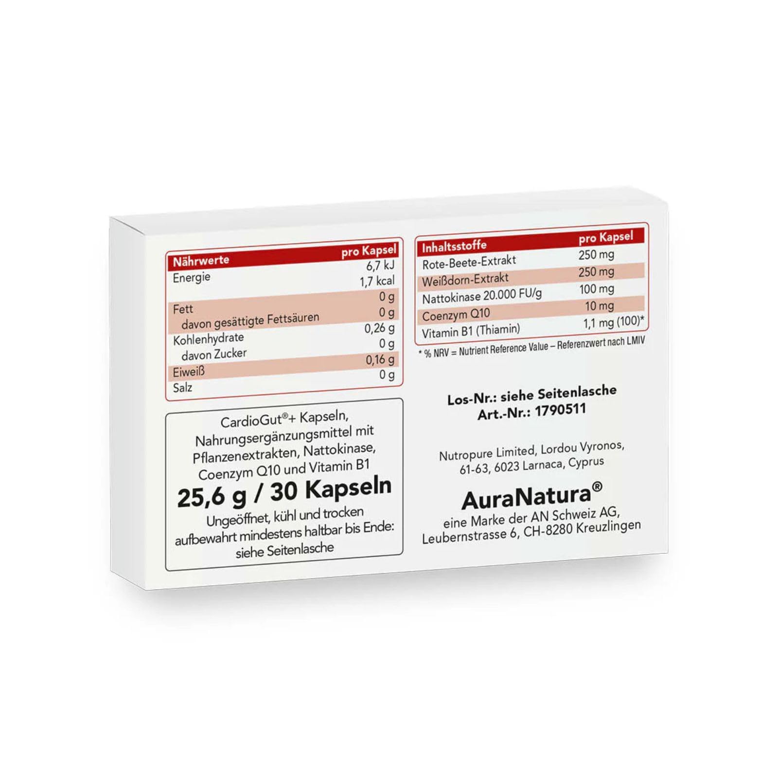 Aura Natura® CardioGut Plus – Rote Beete Kapseln mit Nattokinase, Coenzym Q10, Vitamin B1 & Weißdorn – Herz & Kreislauf Unterstützung | 30 vegane Kapseln