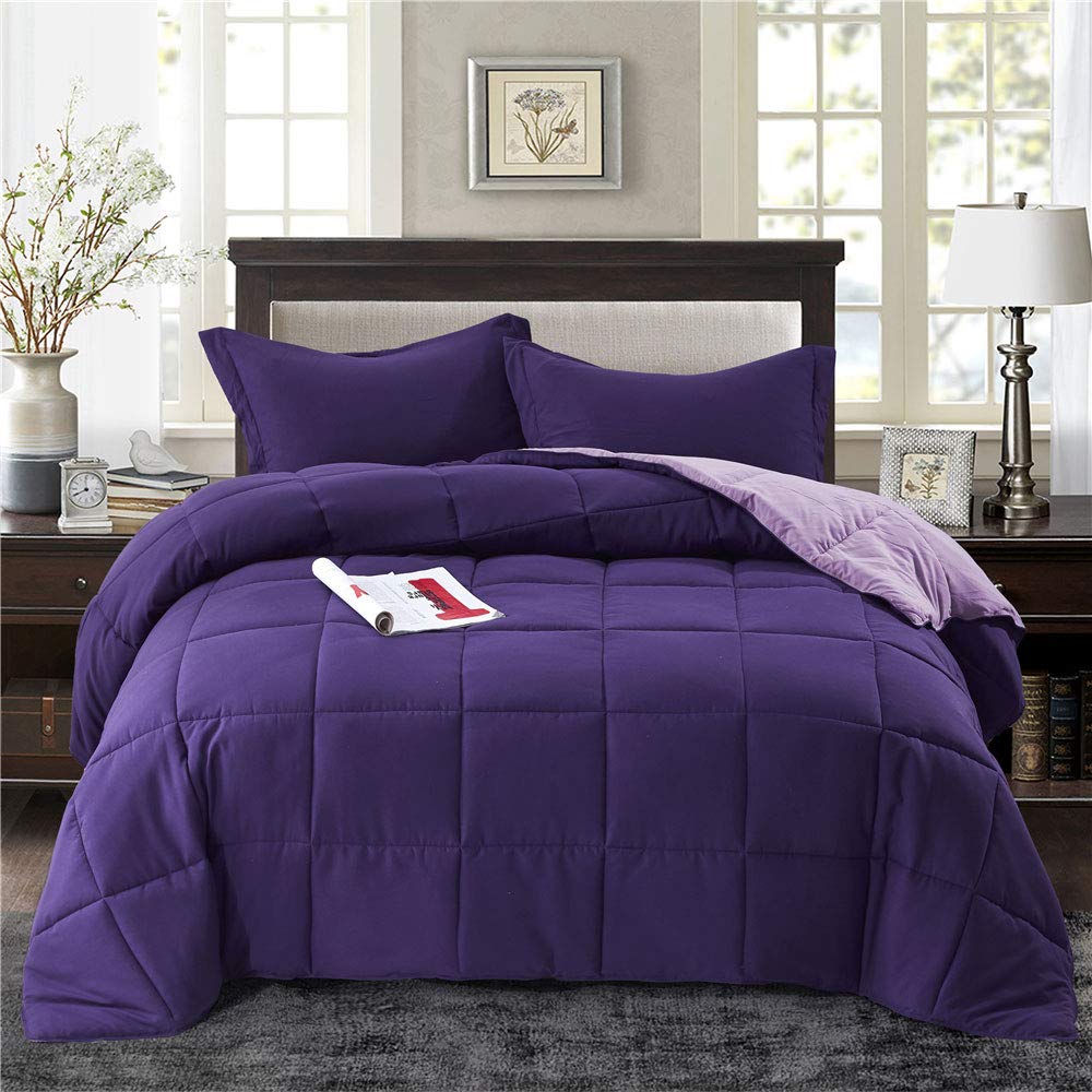 Juego de edredón de algodón egipcio reversible morado y lavanda de 600 hilos tamaño Super King