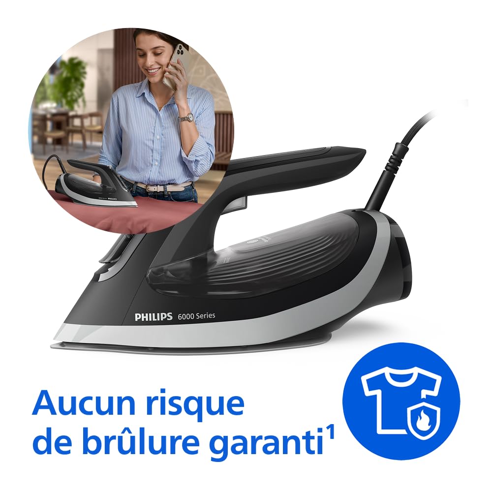 Philips Fer à repasser Série 6000 – Technologie OptimalTEMP, 0 réglage, 0 brûlure. Effet pressing 190g, Débit vapeur 45g, Semelle SteamGlide Plus, Système anti-goutte, Arrêt automatique (DST6120/80)